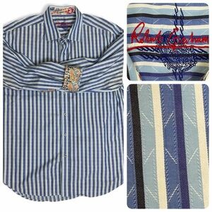 Robert Graham Blue and White Striped Shirt Flip Floral Cuffs Button Up Shirt